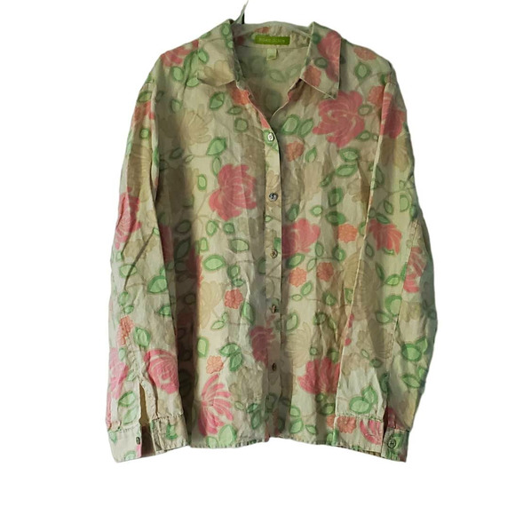 Sigrid Olsen Tops - Sigrid Olsen Pastel Floral Linen Button Front Blouse L Boho Norm Core Classic